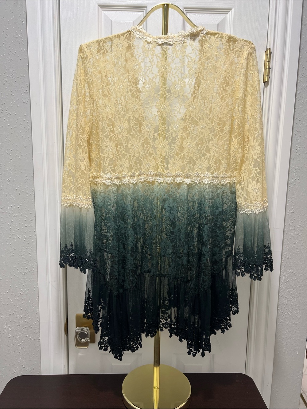 Paris Hues Vintage Y2K Lace Ombre Kimono Cardigan Duster Pine Green Cream XL - Picture 5 of 16